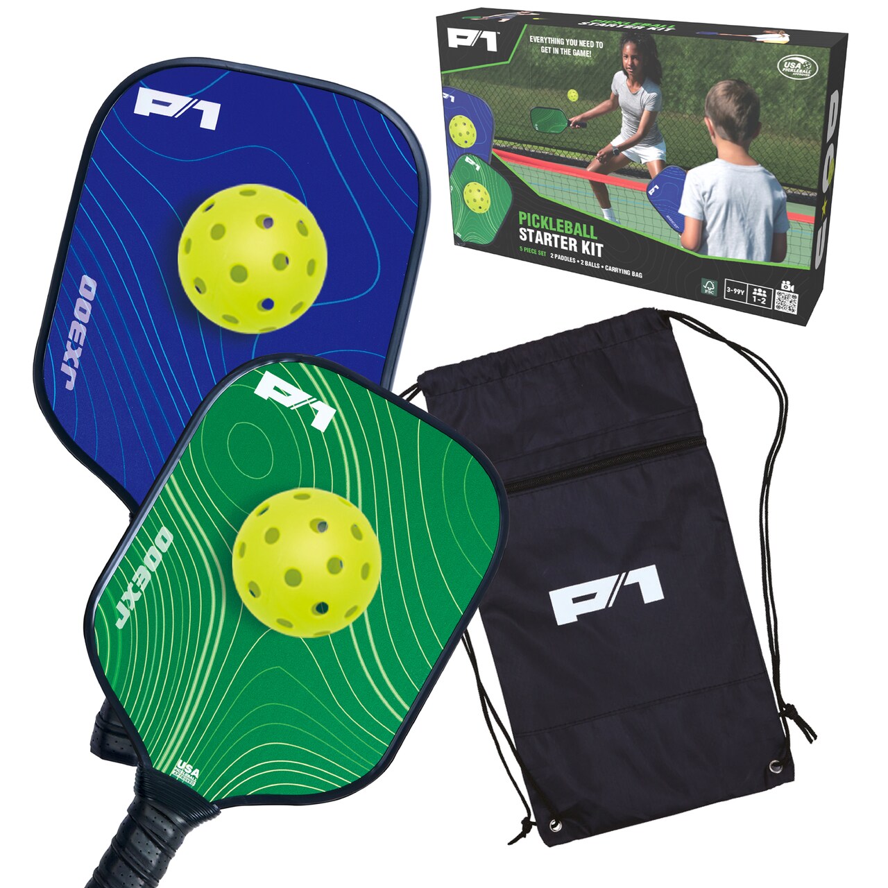 Do-U-Play: P1 Pickleball Starter Kit - Green & Blue, 2 Junior-Sized Wooden Paddles, 2 Standard Outdoor Balls, USPA Approved, Carry Bag, Kids & Adults